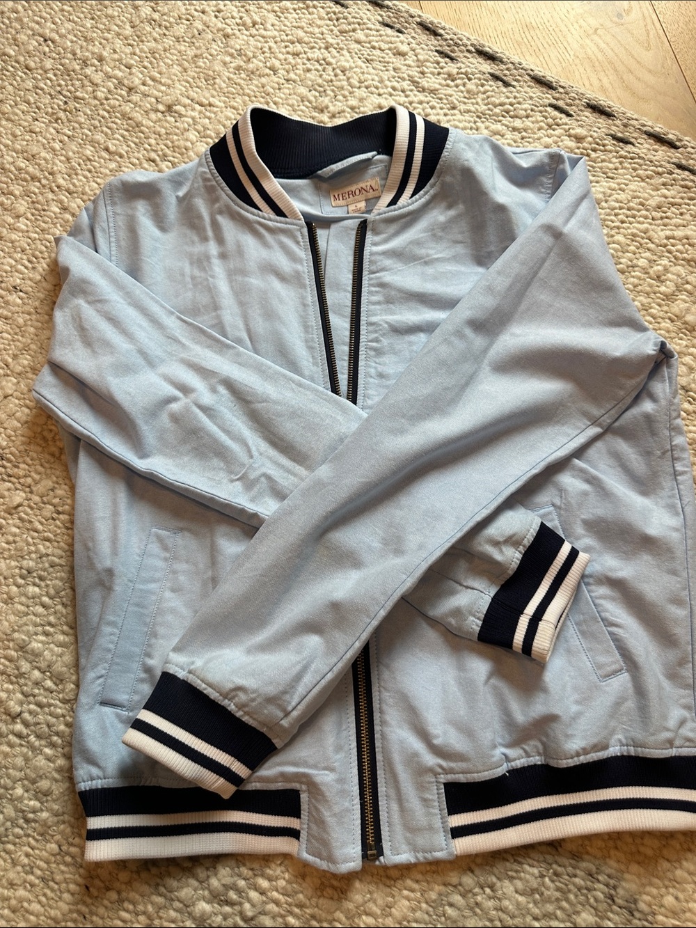 Merona Pale Blue Bomber Jacket with Navy & White Trim